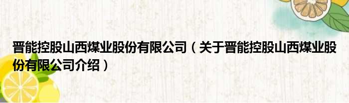 晋能控股山西煤业股份有限公司 关于晋能控股山西煤业股份有限公司介绍