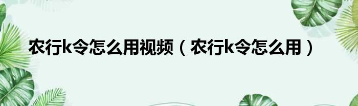 农行k令怎么用视频 农行k令怎么用