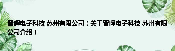 晋晖电子科技 苏州有限公司 关于晋晖电子科技 苏州有限公司介绍