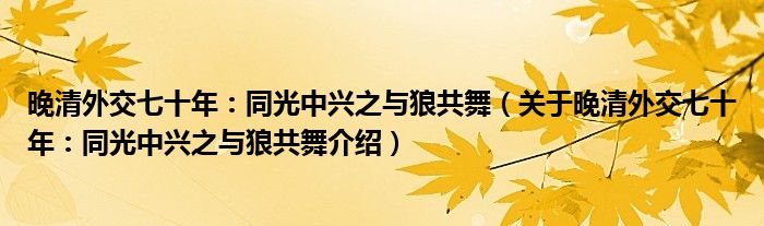 晚清外交七十年：同光中兴之与狼共舞 关于晚清外交七十年：同光中兴之与狼共舞介绍
