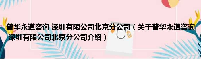 普华永道咨询 深圳有限公司北京分公司 关于普华永道咨询 深圳有限公司北京分公司介绍