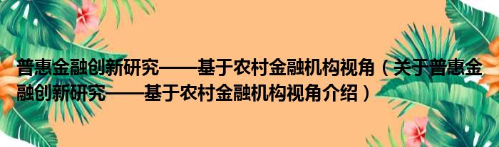 普惠金融创新研究——基于农村金融机构视角 关于普惠金融创新研究——基于农村金融机构视角介绍