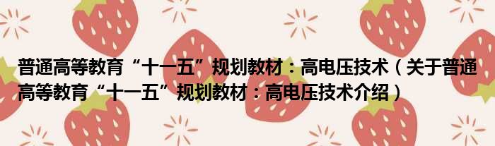普通高等教育“十一五”规划教材：高电压技术 关于普通高等教育“十一五”规划教材：高电压技术介绍