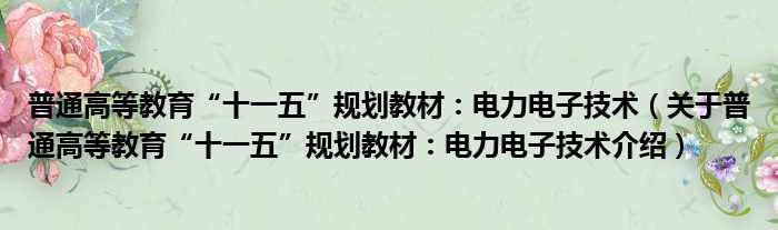 普通高等教育“十一五”规划教材：电力电子技术 关于普通高等教育“十一五”规划教材：电力电子技术介绍