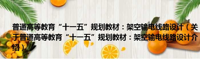 普通高等教育“十一五”规划教材：架空输电线路设计 关于普通高等教育“十一五”规划教材：架空输电线路设计介绍
