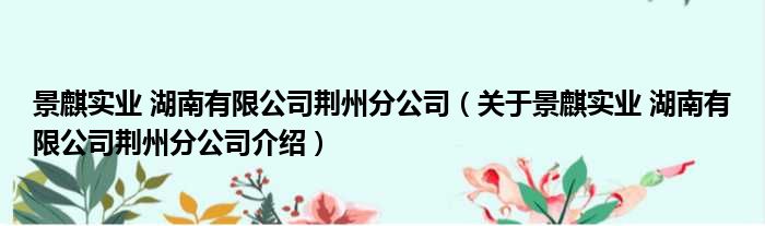 景麒实业 湖南有限公司荆州分公司 关于景麒实业 湖南有限公司荆州分公司介绍