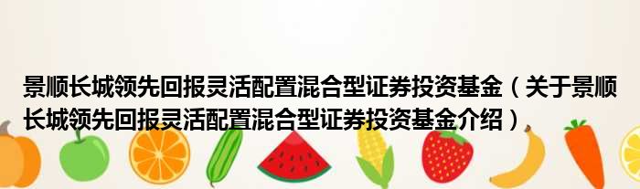 景顺长城领先回报灵活配置混合型证券投资基金 关于景顺长城领先回报灵活配置混合型证券投资基金介绍