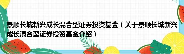 景顺长城新兴成长混合型证券投资基金 关于景顺长城新兴成长混合型证券投资基金介绍