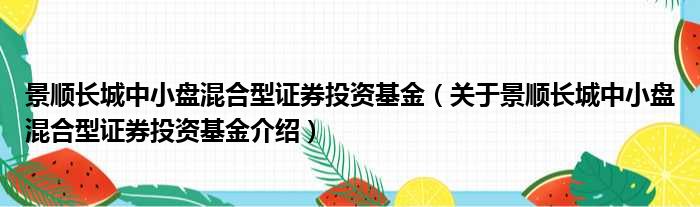 景顺长城中小盘混合型证券投资基金 关于景顺长城中小盘混合型证券投资基金介绍