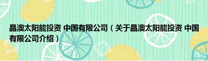 晶澳太阳能投资 中国有限公司 关于晶澳太阳能投资 中国有限公司介绍
