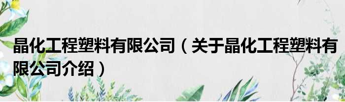 晶化工程塑料有限公司 关于晶化工程塑料有限公司介绍