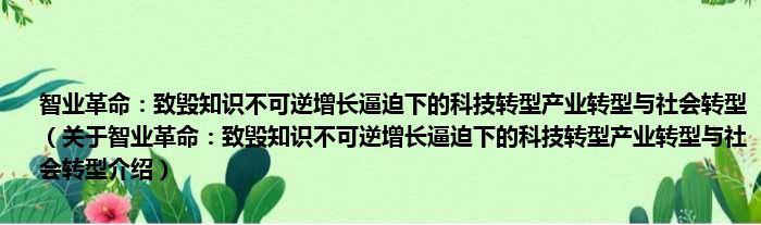 智业革命：致毁知识不可逆增长逼迫下的科技转型产业转型与社会转型 关于智业革命：致毁知识不可逆增长逼迫下的科技转型产业转型与社会转型介绍