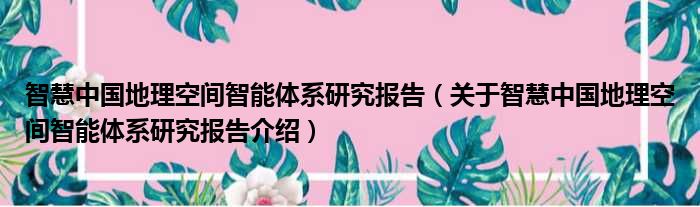 智慧中国地理空间智能体系研究报告 关于智慧中国地理空间智能体系研究报告介绍
