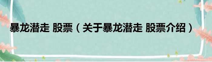 暴龙潜走 股票 关于暴龙潜走 股票介绍